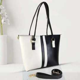 Women Fashion Color Contrast Tote Bag Shoulder Bag Black and White