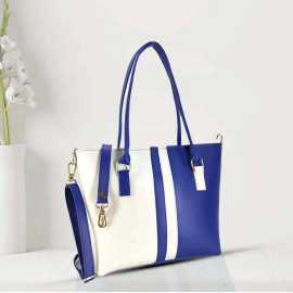 Women Fashion Color Contrast Tote Bag Shoulder Bag Blue and White