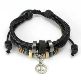 Black Leather Metal Beads Charms Rope Bracelet For Men - FBR-H-011