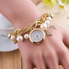 Pearl Bracelet Golden Watch For Ladies