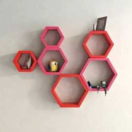 Awesome Deco Painted Wooden Hexagon Wall Shelf For Living Room (Set Of 6)