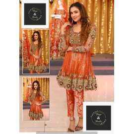 Bridal Net Embroidery Suit For Women In Orange Color