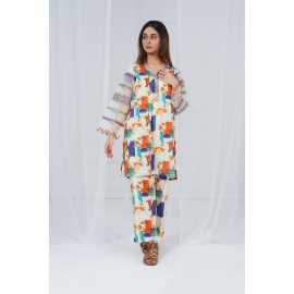Fully Embroidered Sleeves V-Neck Abstract Print 2-Piece Stitched Suit - Orange