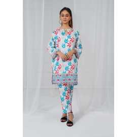 Embroidered Shirt and Sleeves Keyhole Neck Leaves Print 2-Piece Stitched Suit - White & Blue