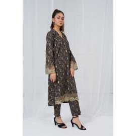 Embroidered Shirt and Trouser V-Neck Geometry Print 2-Piece Stitched Suit - Black