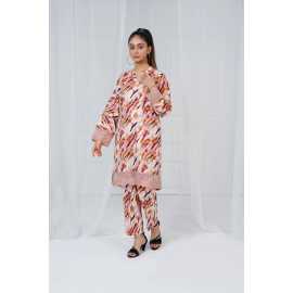 Embroidered Shirt and Trouser V-Neck Geometry Print 2-Piece Stitched Suit - Brown