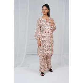Embroidered Shirt and Trouser Square Neck Floral Print 2-Piece Stitched Suit - Skin