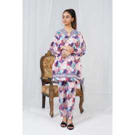 Embroidered Neck and Sleeves Tear Neck Leaves Print 2-Piece Stitched Suit - Red-Blue