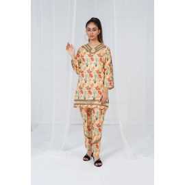 Embroidered Neck and Sleeves Tear Neck Leaves Print 2-Piece Stitched Suit - Skin
