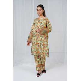 Embroidered Sleeves and Trouser Keyhole Neck Floral Print 2-Piece Stitched Suit - Green & Floral
