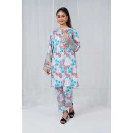 Embroidered Sleeves and Trouser Keyhole Neck Abstract Print 2-Piece Stitched Suit - Red & Blue