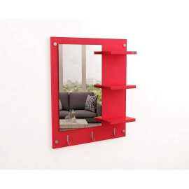 Decorative Wall Mount Mirror With Shelves & Hooks - Red