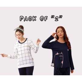 Navy Blue Cat & White Check Printed Design Night Suit For Ladies