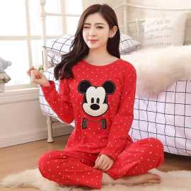 Red Mickey Printed Design Night Suit For Ladies