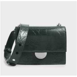 Charles & Keith Round Wrinkled Patent Shoulder Bag For Women - Dark Green