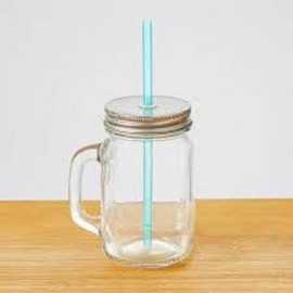 Mason Mugs & Lid With Plastic Straw - 480ml