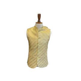 Azlan Shahzad Yellow Sequence Full Front Embroidered Waist Coat For Men