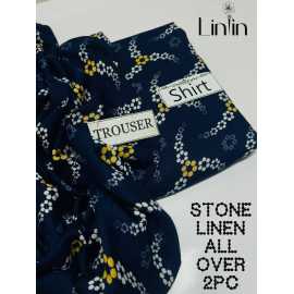 Stone Linen 2 Piece Unstitched Printed  Suit For Women's - Blue
