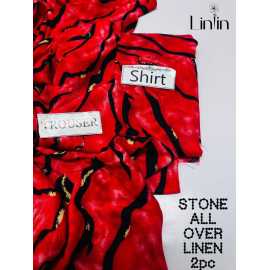 Stone Linen 2 Piece Unstitched Printed  Suit For Women's - Red