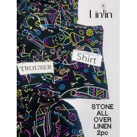 Stone Linen 2 Piece Unstitched Printed  Suit For Women's - Black