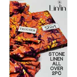 Stone Linen 2 Piece Unstitched Printed  Suit For Women's - Orange