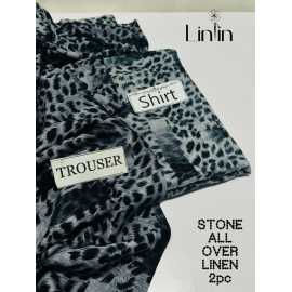 Stone Linen 2 Piece Unstitched Printed  Suit For Women's - Gray