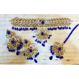 Indian Design Jewelry Necklace and Earrings With Complete Set - Blue Color