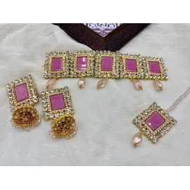 Necklace With Earrings For Women By Ornaments - Pink Color