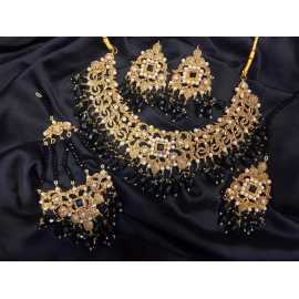 Indian Design Jewelry Necklace and Earrings With Complete Set - Black & Golden