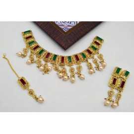 Indian Design Jewelry Necklace and Earrings With Complete Set - Red & Green Color