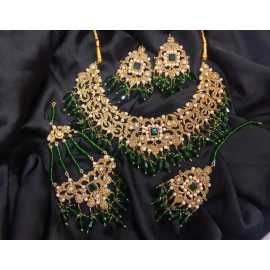 Indian Design Jewelry Necklace and Earrings With Complete Set - Green Color