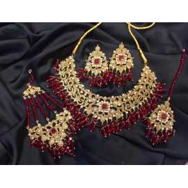 Indian Design Jewelry Necklace and Earrings With Complete Set - Golden & Red
