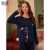 Navy Blue Cat & White Check Printed Design Night Suit For Ladies