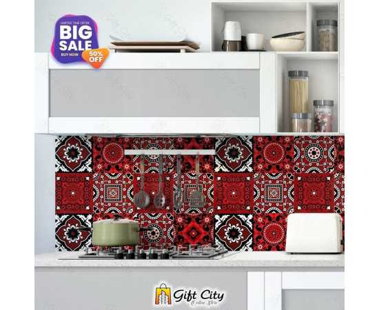 Ajrak Sindhi Tile Stickers Pack of 6 / 12 / 24 / 48 / 102 Pcs 12x12 cm Black and Red Design Wall Decorative Self Adhesive Tiles Stickers Kitchen Sticker Wall Wallpaper Border Decoration Gift City
