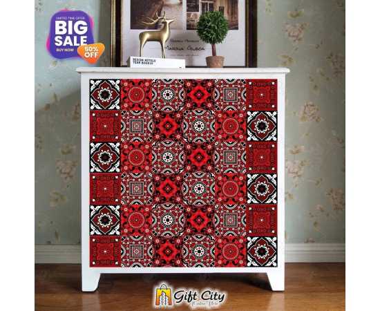 Ajrak Sindhi Tile Stickers Pack of 6 / 12 / 24 / 48 / 102 Pcs 12x12 cm Black and Red Design Wall Decorative Self Adhesive Tiles Stickers Kitchen Sticker Wall Wallpaper Border Decoration Gift City 02