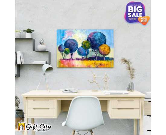 Abstract Rainbow Trees Painting Canvas with Frame Wall  12x18 inch