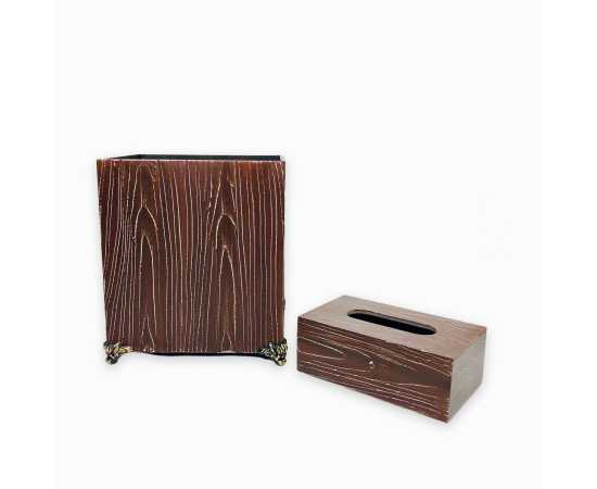 Wooden Basket With Tissue Box (Brown)