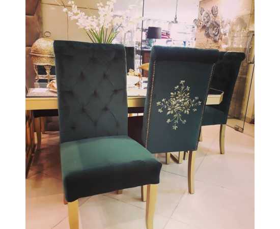 Hexagon Cut Looking mirror Dining Table With 6 Custom Hand Painted Chairs