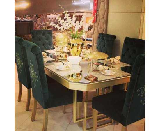 Hexagon Cut Looking mirror Dining Table With 6 Custom Hand Painted ChairsHexagon Cut Looking mirror Dining Table With 6 Custom Hand Painted Chairs