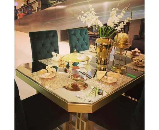 Hexagon Cut Looking mirror Dining Table With 6 Custom Hand Painted Chairs