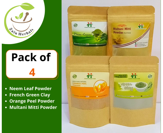 Zain Herbals | Pack Of 4 | Neem Leaves Powder, Multani Mitti Powder, Orange Peel Powder, Green Clay (Total Weight 300G) | Glow Skin | Draw Toxins And Impurities