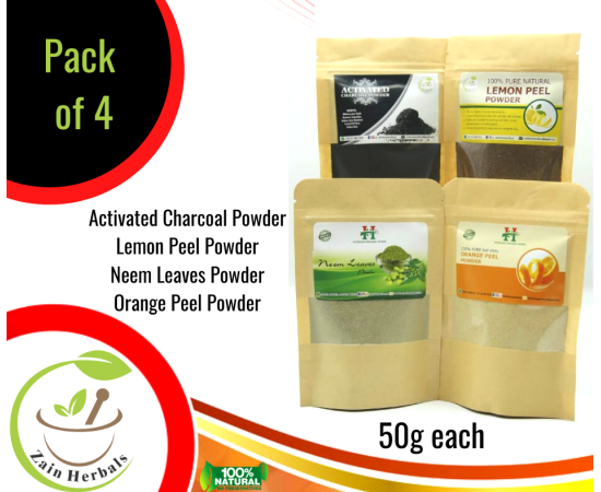 Zain Herbals | Pack Of 4 | Neem Leaves Powder, Multani Mitti Powder, Orange Peel Powder, Green Clay (Total Weight 300G) | Glow Skin | Draw Toxins And Impurities