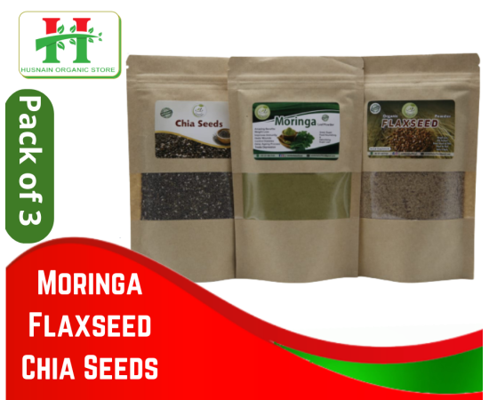 Chia Seeds, Moringa & Flex Seeds Powder By Husnain Organic Store - Pack Of 3 (200gm)