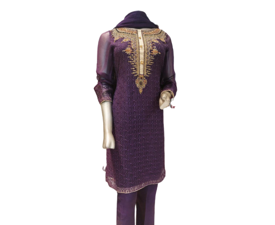 Ladies 3 Piece Suit - Organza Shirt, Chiffon Dupatta, Raw Silk Trouser