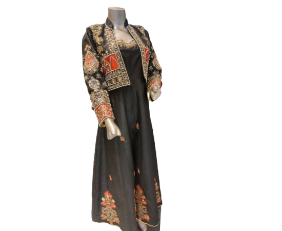 Ladies Frock With Jacket, Indian Raw Silk Fabric