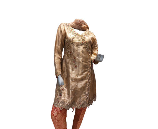 Ladies 3 Piece Stitched Suit - Tissue Shirt Jamawer Trouser, Chiffon Dupatta, Hand Emblish Shirt