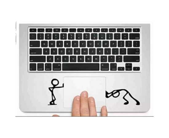 Man Pushing Funny Sticker For Laptop