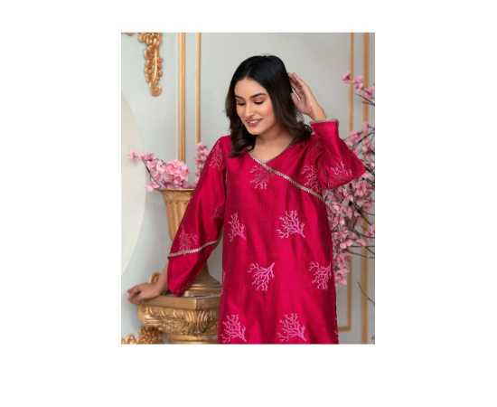 Bint al Bilaad Khadi Viscose Embroidered Suit For Women - Red - Pack of 2 PCS Bint al Bilaad Khadi Viscose Embroidered Suit For Women - Red - Pack of 2 PCS
