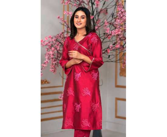 Bint al Bilaad Khadi Viscose Embroidered Suit For Women - Red - Pack of 2 PCS Bint al Bilaad Khadi Viscose Embroidered Suit For Women - Red - Pack of 2 PCS