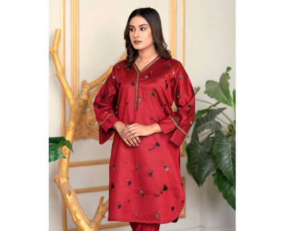 Bint al Bilaad Khadi Viscose Fancy Embroidered Suit For Women - Red - Pack of 2 PCS Bint al Bilaad Khadi Viscose Fancy Embroidered Suit For Women - Red - Pack of 2 PCS